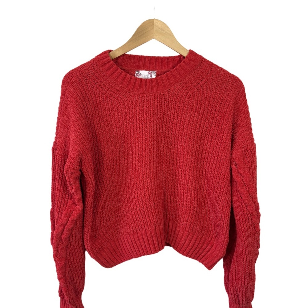 Pink Republic Red Chenille Cable Sleeve Cropped Sweater Size Small